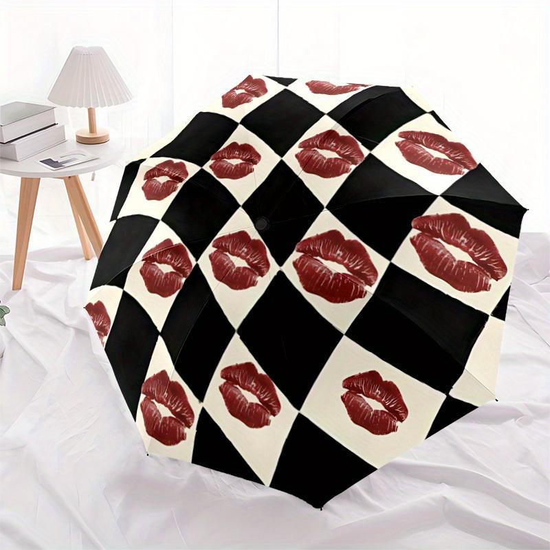 1pc Lips Chessboard Automatic Open/close, Heavy-Duty Iron Frame & 8-Rib Structure, Compact Folding Umbrella for Women/Men, All-Season Travel, Hallowee