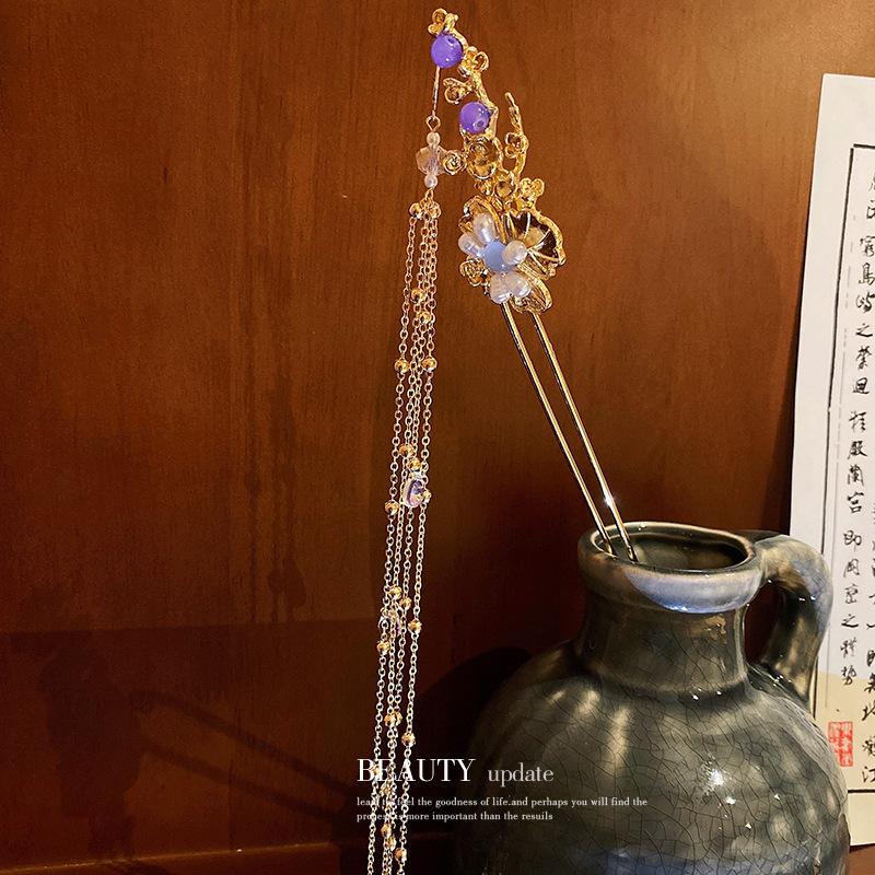 Changyue Ember Ming same diamond-encrusted crystal flower fringed hairpin personalized super fairy hairpin antique Hanfu hair accessories