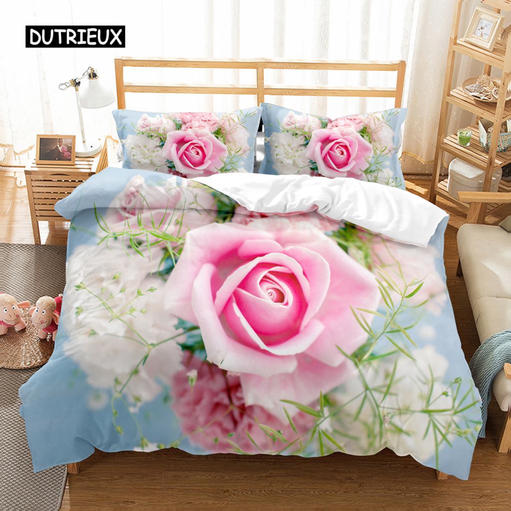 Romantische Rose Bettbezug Twin Queen Floral Bettwäsche Set Mikrofaser Blüte Blumen Steppdeckenbezug für Valentinstag Hochzeitsdeko