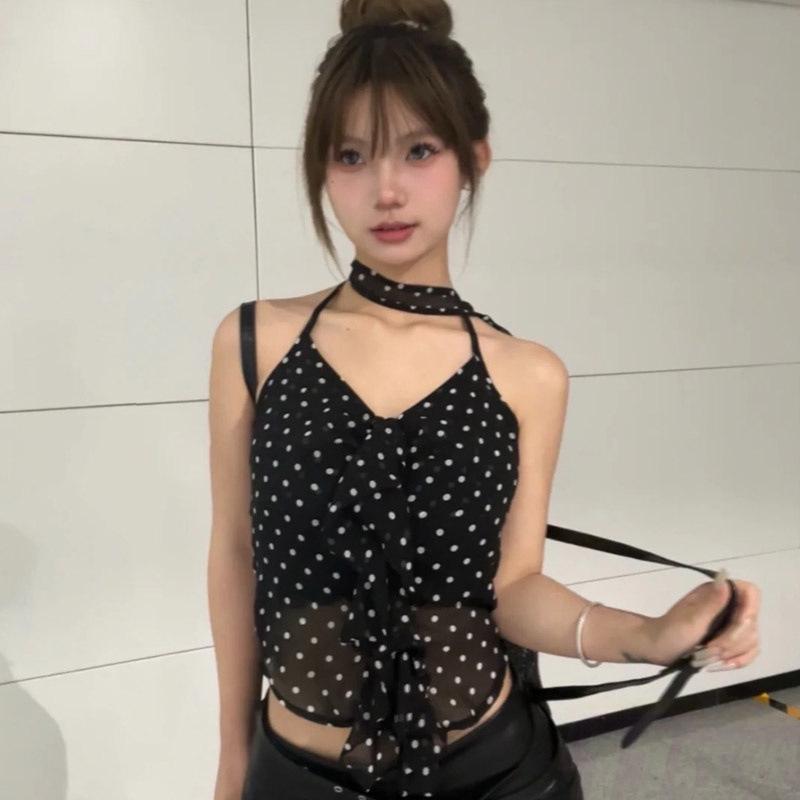 

Шифоновая облегающая майка-халтер в горошек - Женская летняя мода Small