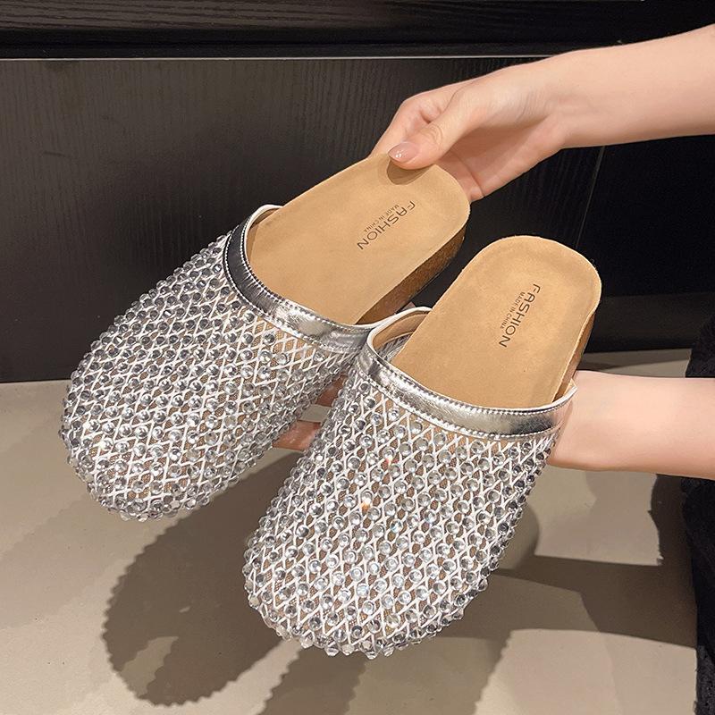 Platform-soled Boken Shoes Bag Head Half Slippers Women's Summer Wear 2025 New One-pedal Fishing Net Rhinestone Fairy Wind Sandals