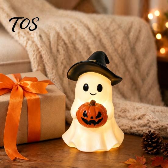Resin Desktop Ornament Halloween Ghost Figurine, Cute Holding Pumpkin Unique Seasonal Statue for Desk Tabletop Indoor Home Decor Decoration