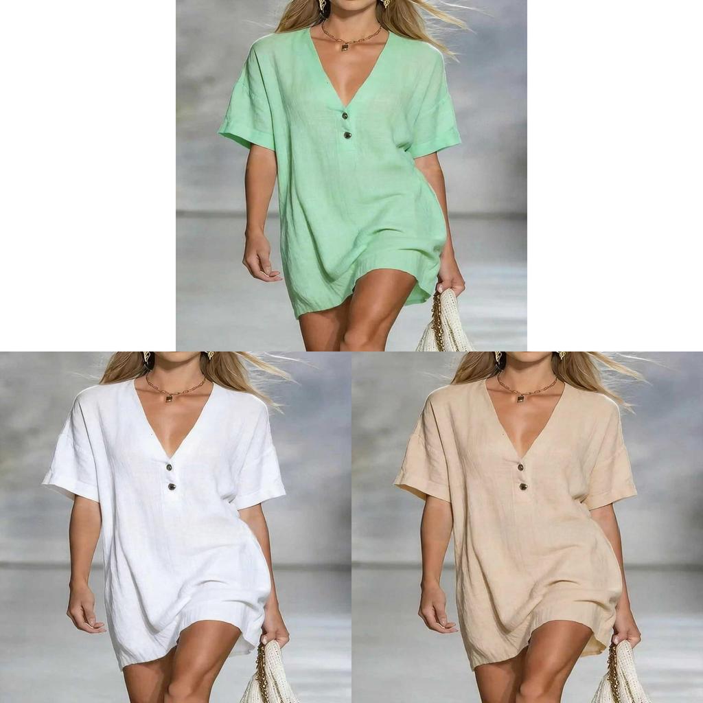 Cotton Linen Summer Dress For Women With Vneck Halfopen Collar Casual Aline Style