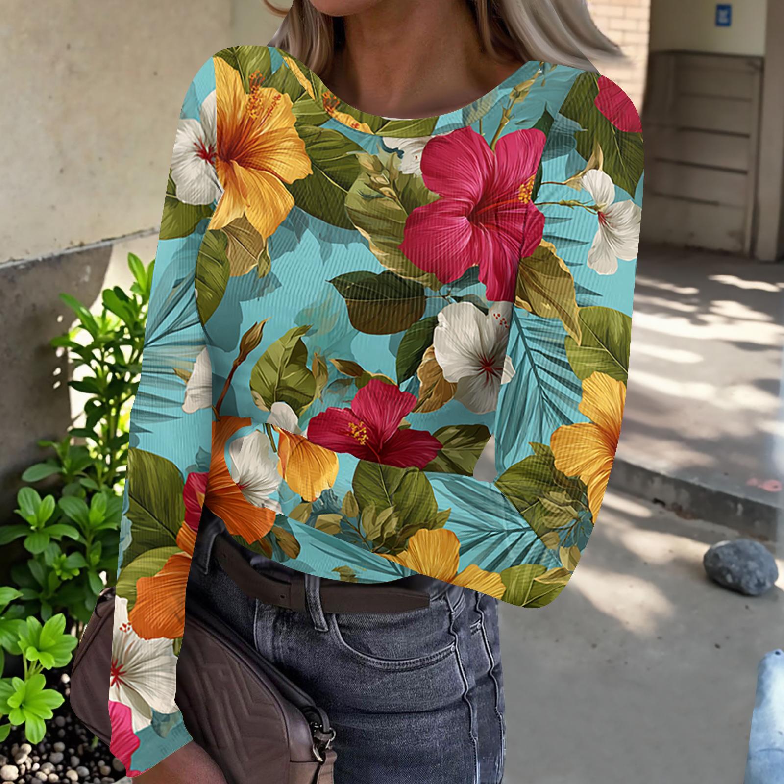 Women s Casual Fashion Round Neck Hawaiian Print Long Sleeve Ribbed Top S