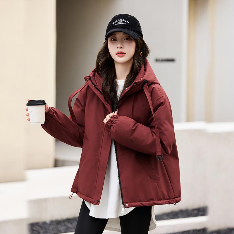 סתיו חורף מעיל פארקה חם מעובה נשים קז'ואל מתוק צבע אחיד כיס גדול מעיל רופף עם קפוצ'ון ז'קטים הלבשה עליונה