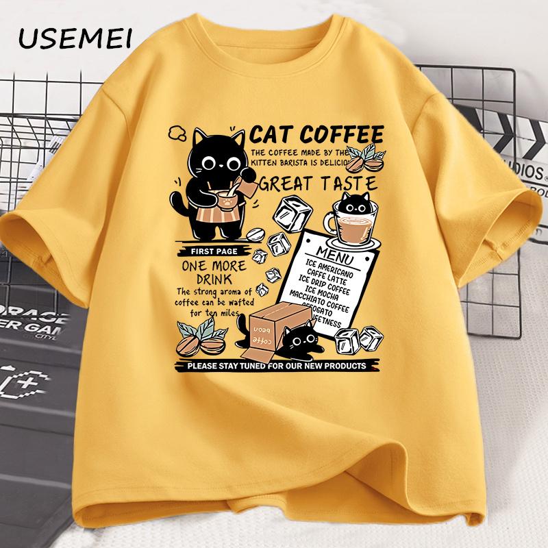 Funny Cat Make Coffe Print T Shirt For Unisex Unisex Tshirt Summer Loose Cotton Short Sleeve Trendy Y2k Tops Unisexs Designer Clothes