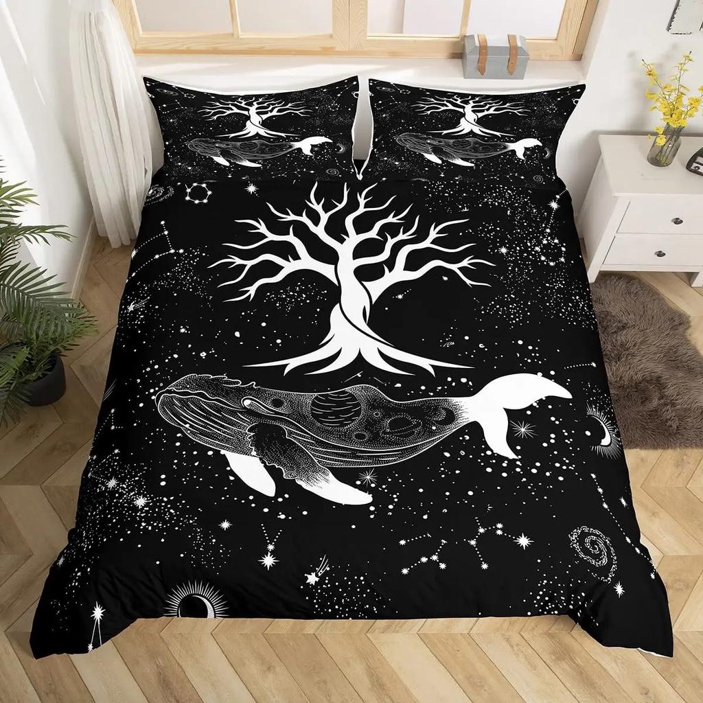 Cat Duvet Cover Set Watercolor Whale Fishing Bedding Set Ocean Sea Wave Comforter Cover Marine Nautical Themed Bedspread Cover