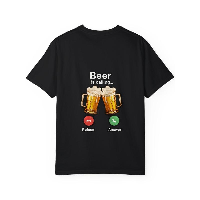 White T Shirt Beer Is Calling with Beer Mugs and Phone Buttons Design for Casual Wear