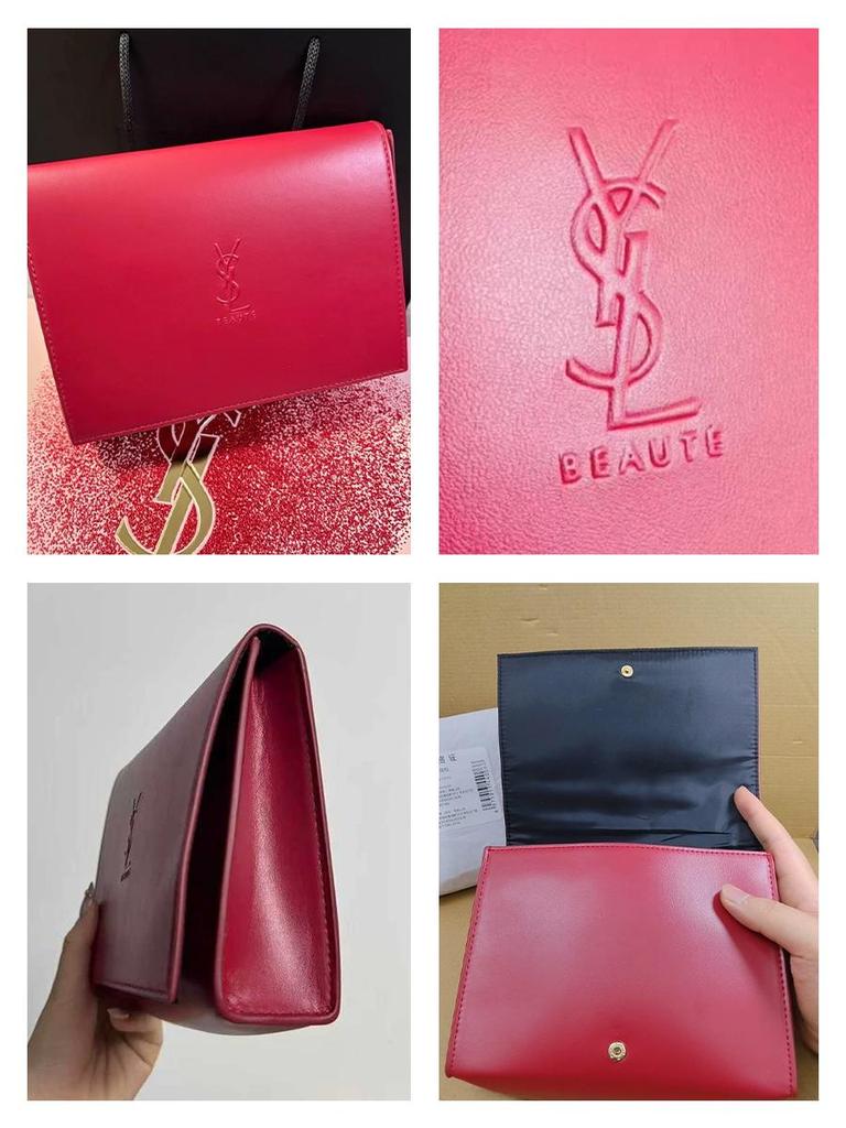 Accessorio YSL Beauty Rosso Ecopelle Chiusura a Bottone Pochette per Cosmetici, Borsa a Mano Portatile per Trucco da Viaggio