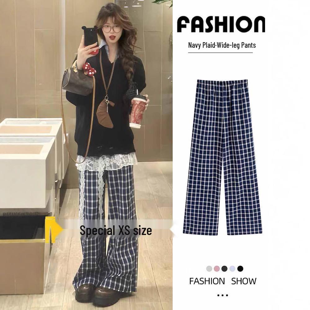 

Women s High Waist Blue Plaid Wide-Leg Pants - Spring/Summer Petite 145 S: 80-95 jin