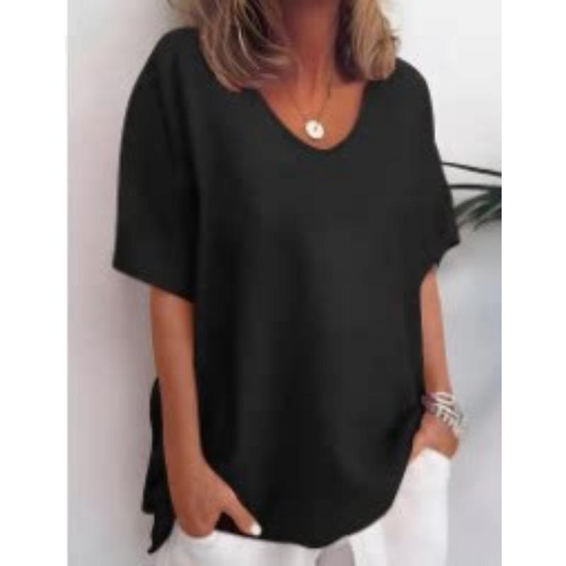 Women Solid Color U Neck Regular Short Sleeve T-shirt Loose Casual Summer Versatile Basic Tee