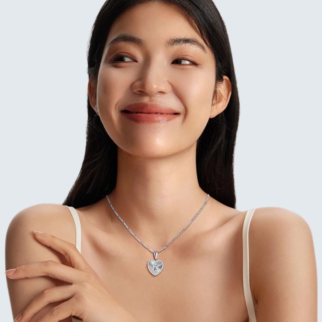 Cubic Zirconia Virgin Mary Pendant Necklace For Women, Oval Heart Stainless Steel Figaro Chain, Catholic Religious Jewelry