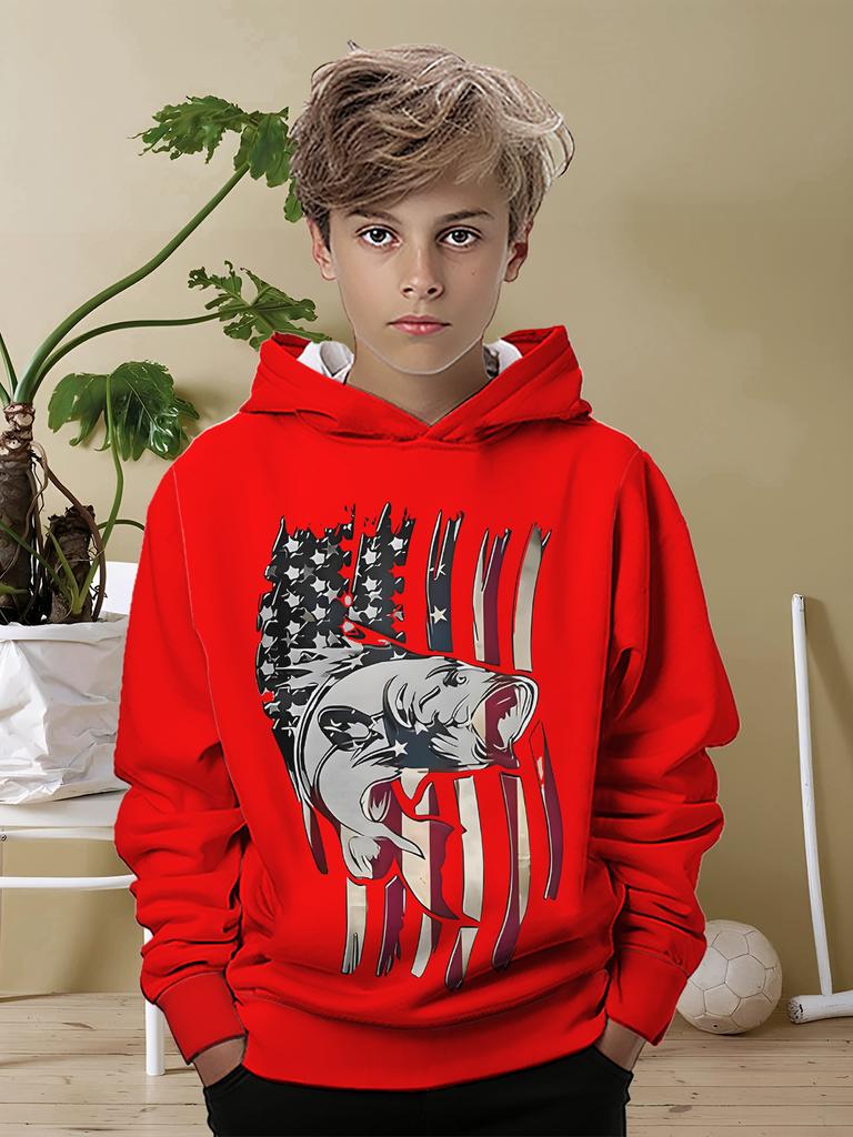 Boys' Casual Hoodie, Shinharajuku Color-changing Fish Print Sports Style Personality Street Print, Daily Travel Must Hoodie