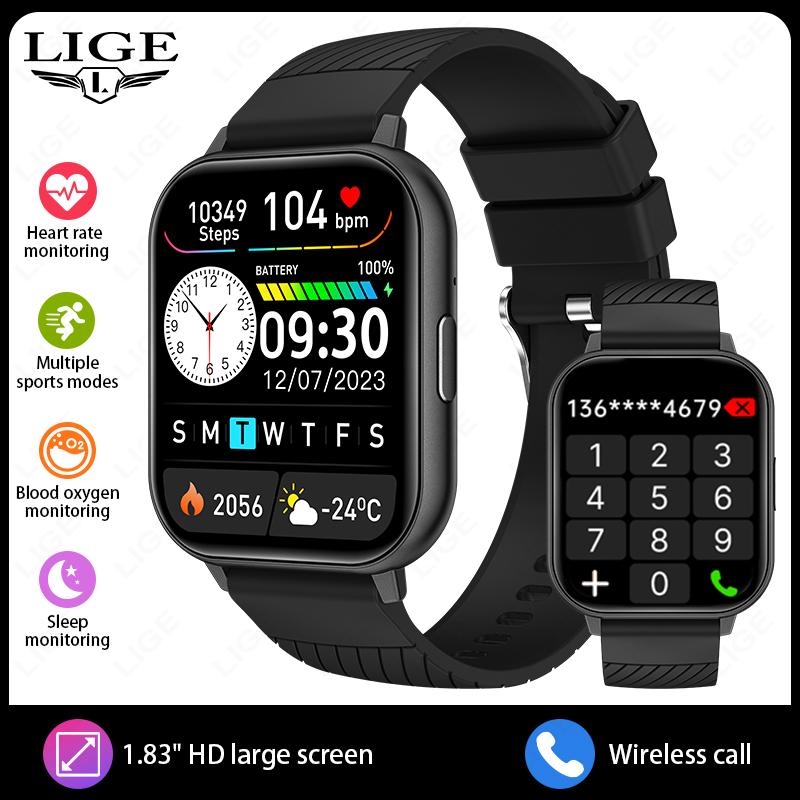 

LIGE Новые умные часы с Bluetooth-звонками, 1,83-дюймовый экран, мониторинг здоровья, для активного отдыха, спорта, фитнеса, умный браслет silicone strap чёрный