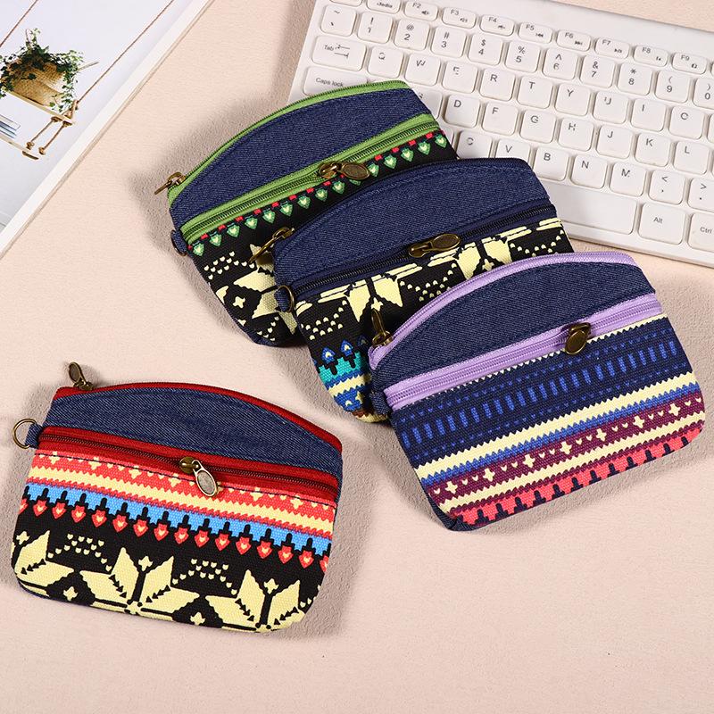 Ethnic Style Handbag  Fabric Money Pouch  Key Bag  Wrist Strap with Two Zippers  Hand-held Bag