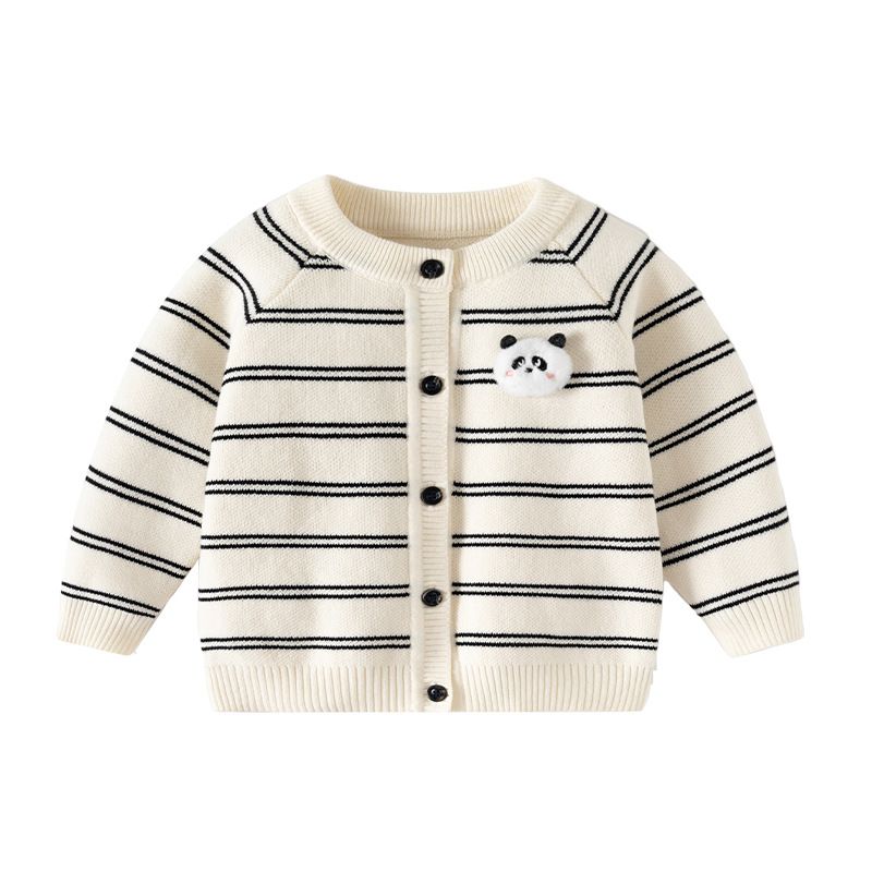 Panda Striped Korean Style Sweater Cardigan for Boys and Girls, Autumn and Winter Children's Clothing, Pure Cotton Jacket, Baby Knitwear