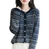 Women's Korean Style Wool Color Block Cardigan - Round Neck, Fair Isle Jacquard, Autumn/Winter Fashion.