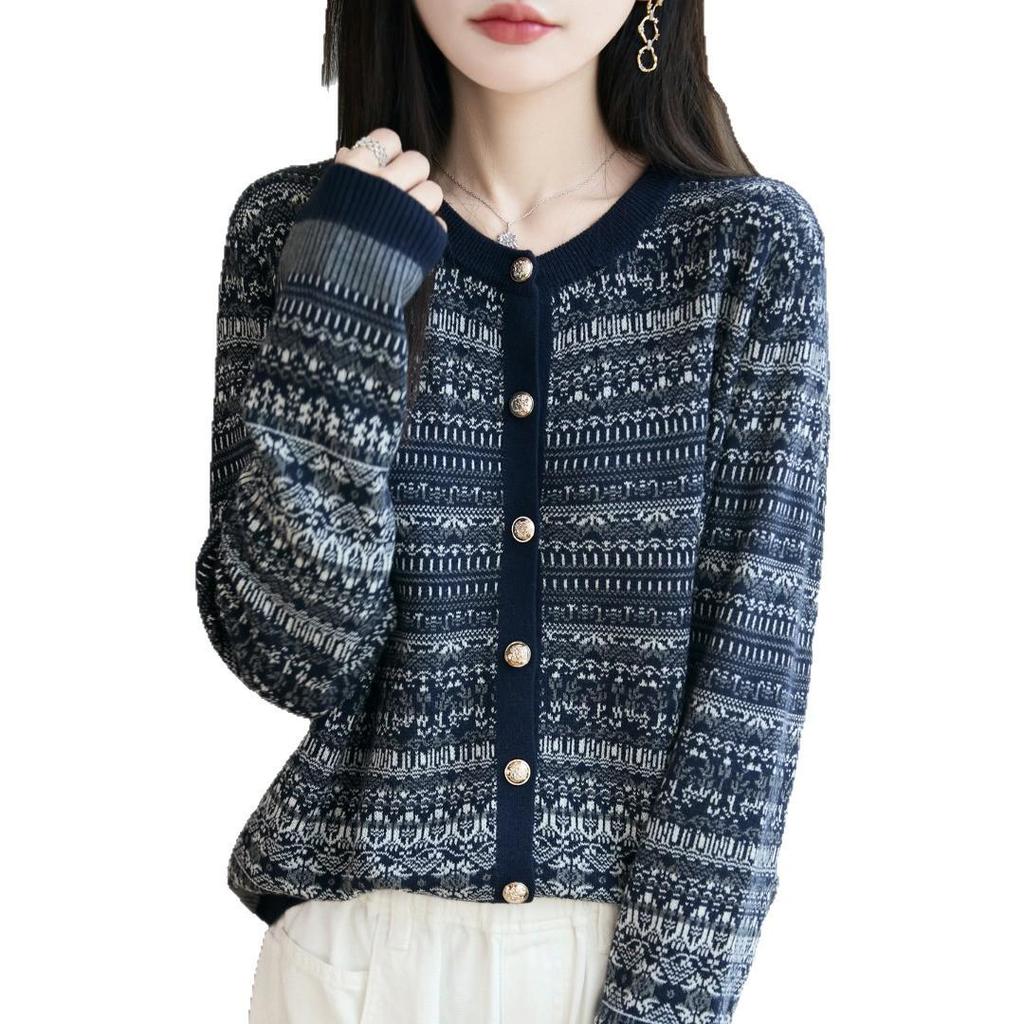 Women's Korean Style Wool Color Block Cardigan - Round Neck, Fair Isle Jacquard, Autumn/Winter Fashion.