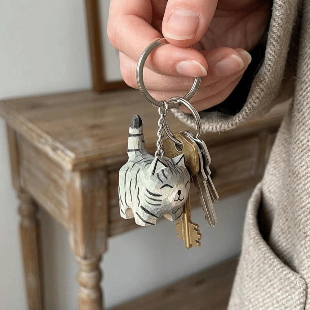 Creative Wooden Carving Cat Keychain Handmade Siamese Cat Keyring Hanging Accessory