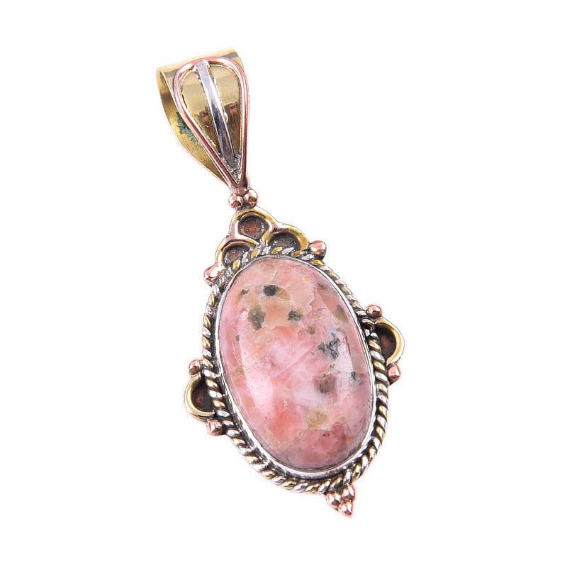 Natürlicher Rhodonit Edelstein 925 Massiv Sterlingsilber Zweifarbig Anhänger 1,50" a8O65