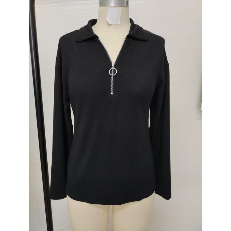 Casual Loose Knitted V Neck Zipper Long Sleeve T Shirt For Women