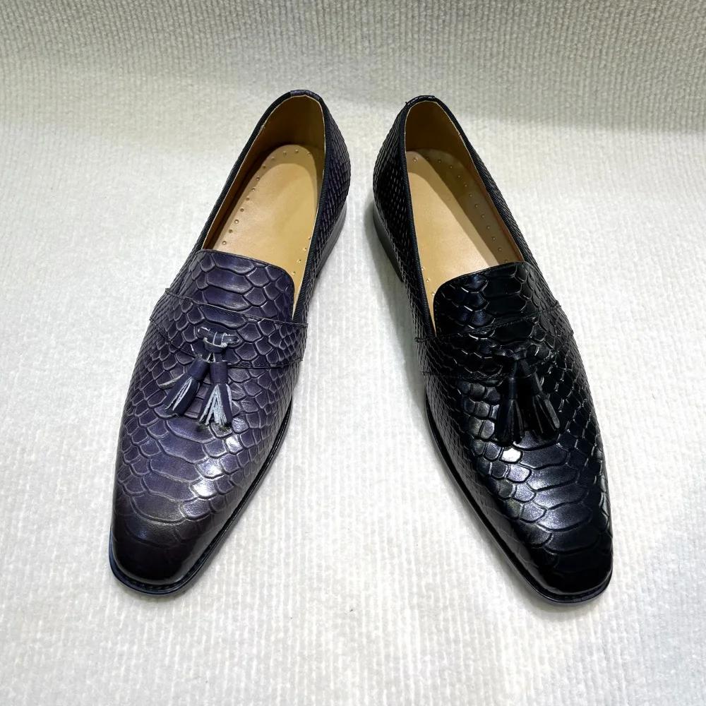 Fashion Men's Tassel Loafers Genuine Leather Gray Slip-on Snake Print Dress Shoes Spring Autumn Wedding Formal Shoes