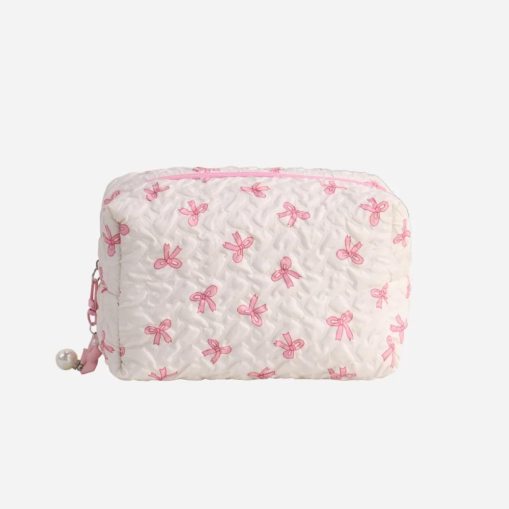 Fashion Bowknit Print Cosmetic Bag Large Capacity Pink Color Storage Pouch Makeup Bag Travel