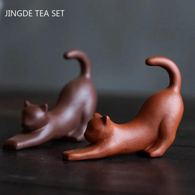 1pc Yixing Purple Clay Tea Pet Decoration Handmade Tea Ceremony Accessories Creative Zisha Luck Cat Sculpture Ornaments