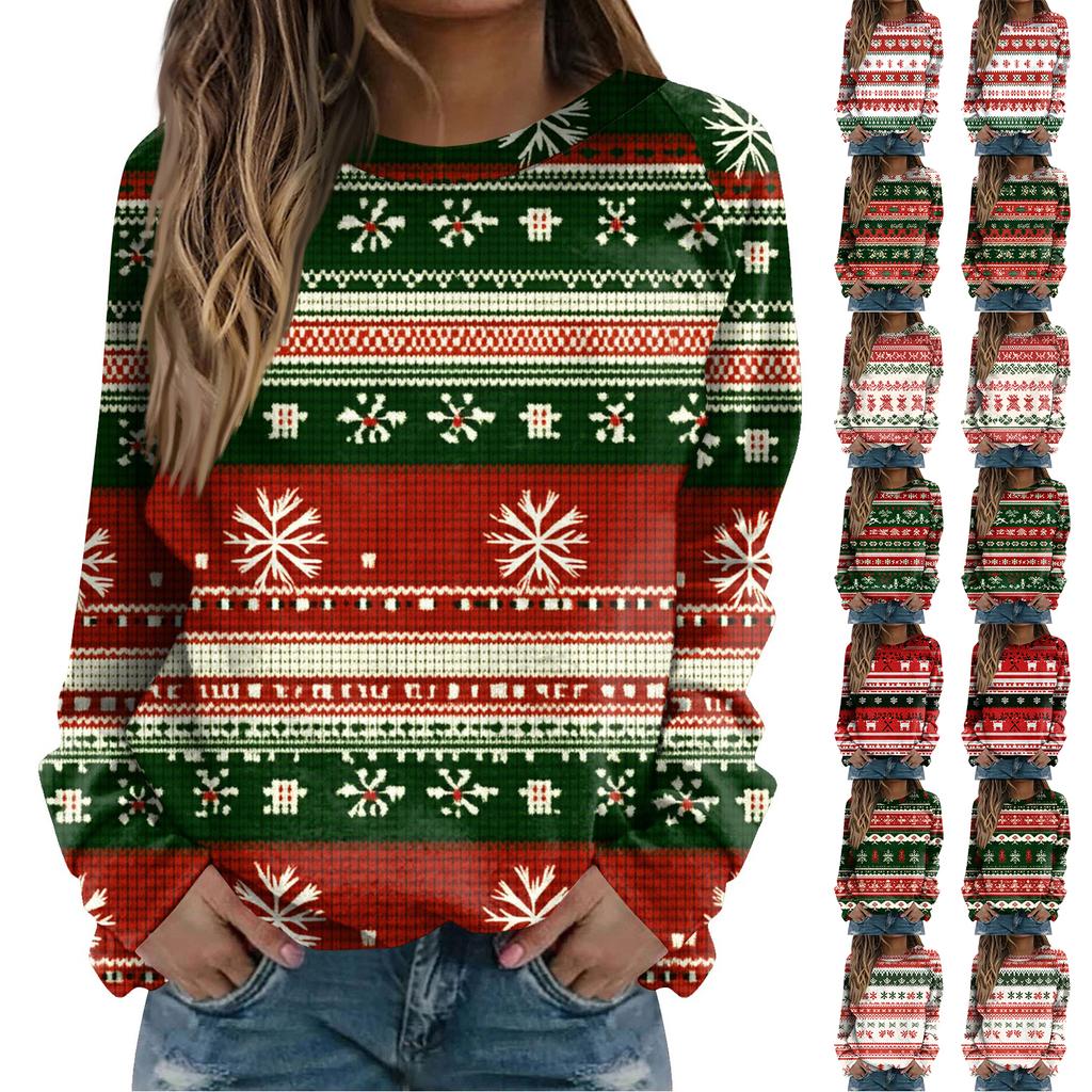 Women's Fashion Casual Long Sleeve Christmas Printed Neck Sweatshirt Top
