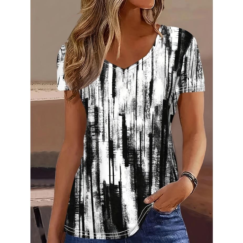 Vibrant Floral Print Short Sleeve V Neck T-Shirt - Women's Leisure T-Shirts for Spring & Summer - Comfortable,