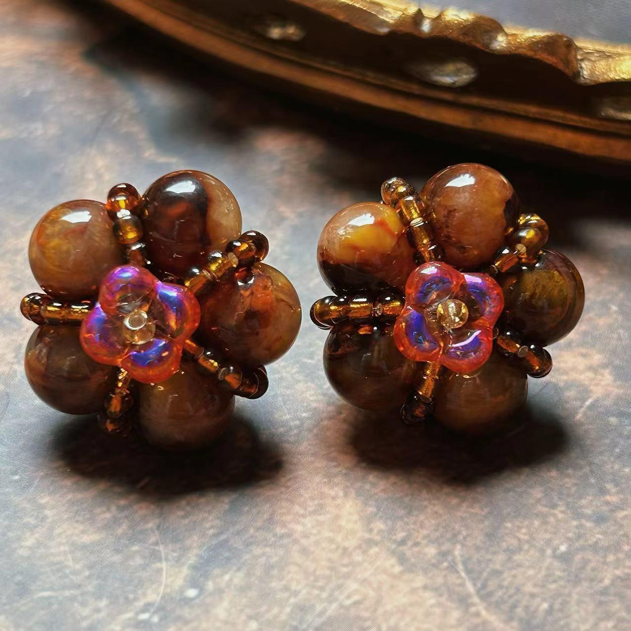

Vintage Handmade Floral Clip-On Earrings with Natural Pietersite
