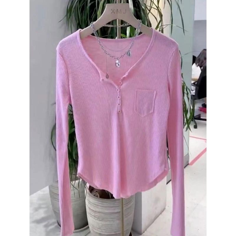 

Новая осенняя футболка с длинными рукавами на пуговицах, облегающая и универсальная рубашка с узким низом для женщин XXL розовый