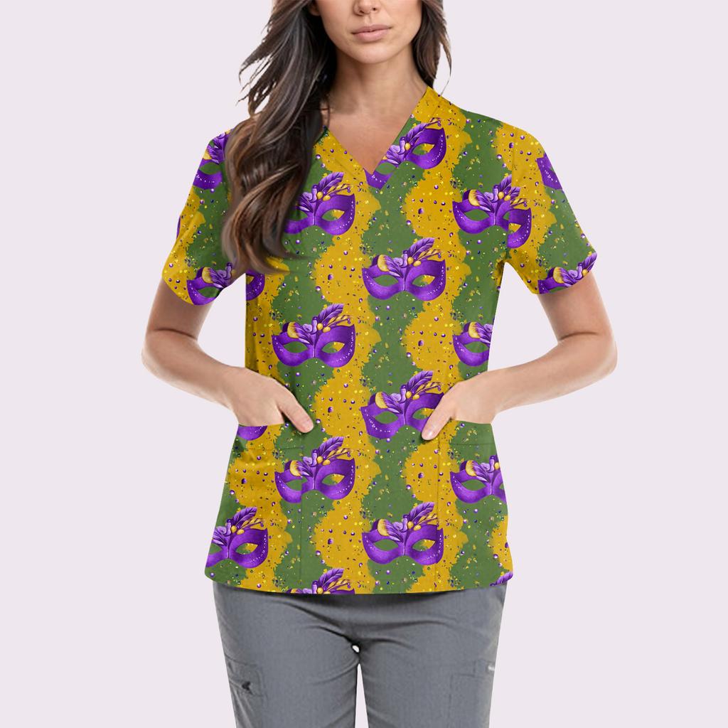 Süße bedruckte Arbeitskleidung für Damen, V-Ausschnitt, doppellagige Taschen, Basic, kurzärmeliges Oberteil, Pullover, Valentinstag