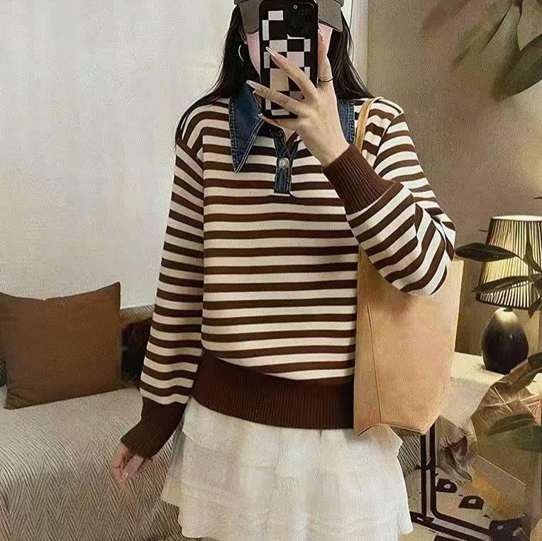 Loose POLO collar denim sleeves splicing fake two-piece sweater women's autumn and winter new knitted sweater fashion top trendy
