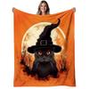 1pc Witch Cat Flannel Blanket - Soft & Warm 280gsm Heavyweight All-Season Cozy Throw with Spooky Black Cat Witch Hat & Bats Print, Orange & Black Goth