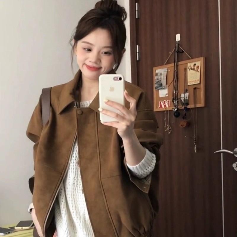 Thickened 300g Suede Fleece Lined Brown Retro Collar Casual Jacket Loose Fit Streetwear