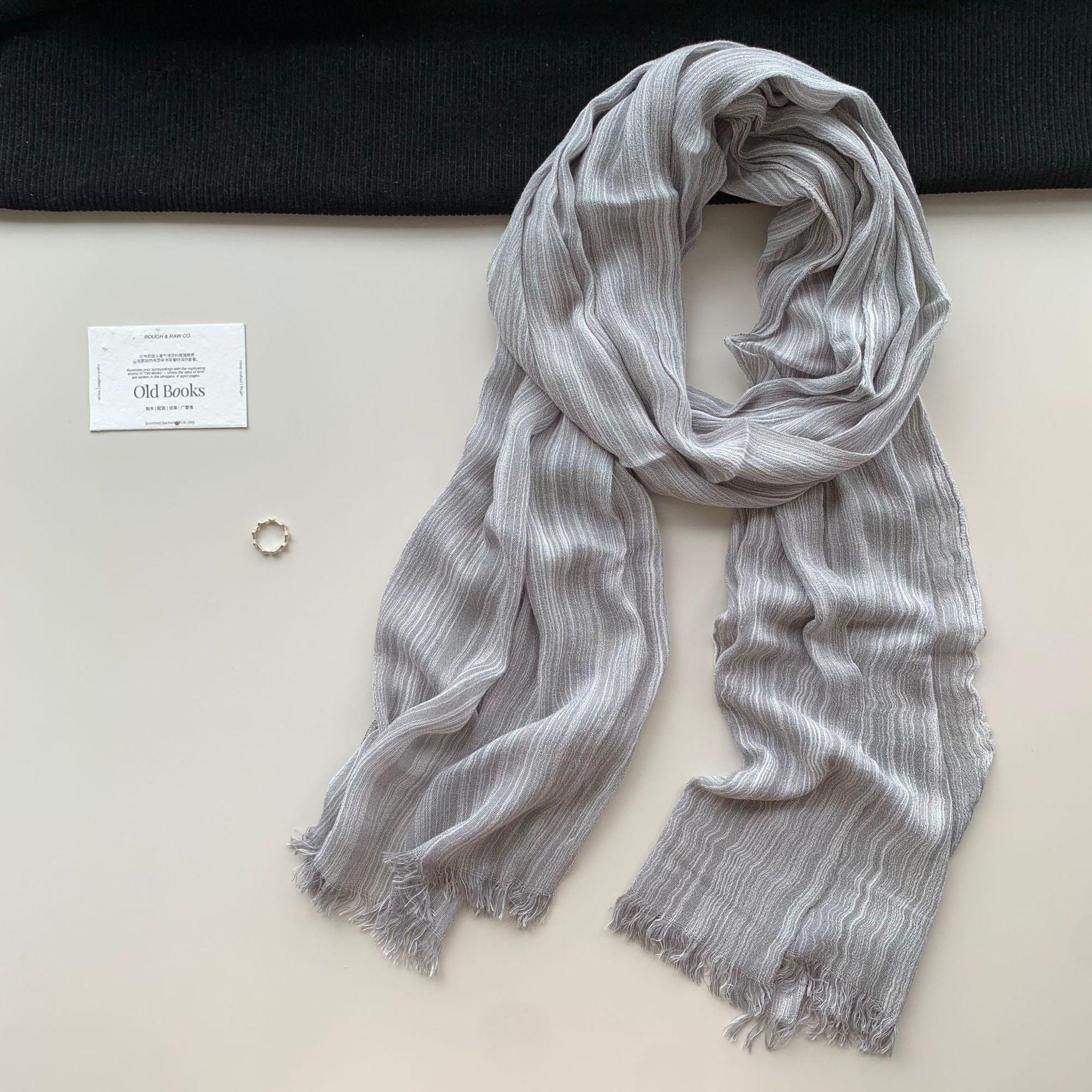 Gray scarf women s spring and summer thin thin thin strip pleated cotton and linen literary and artistic Japanese versatile solid color neck 70-180