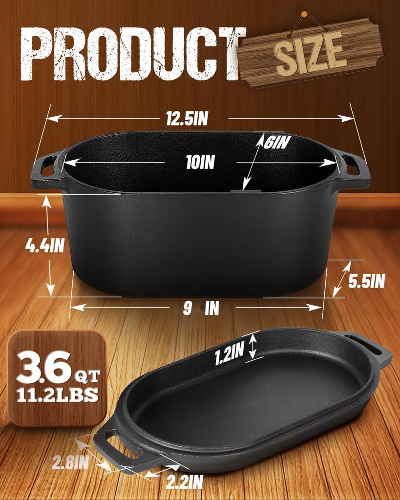 Pentola Olandese per la Cottura del Pane Stampo per Pane a Lievitazione Naturale 2 in 1 Ghisa Ovale Pentola Olandese e Padella 3.6Qt Pentola per Stufati per Stufare Stufati Arrostire