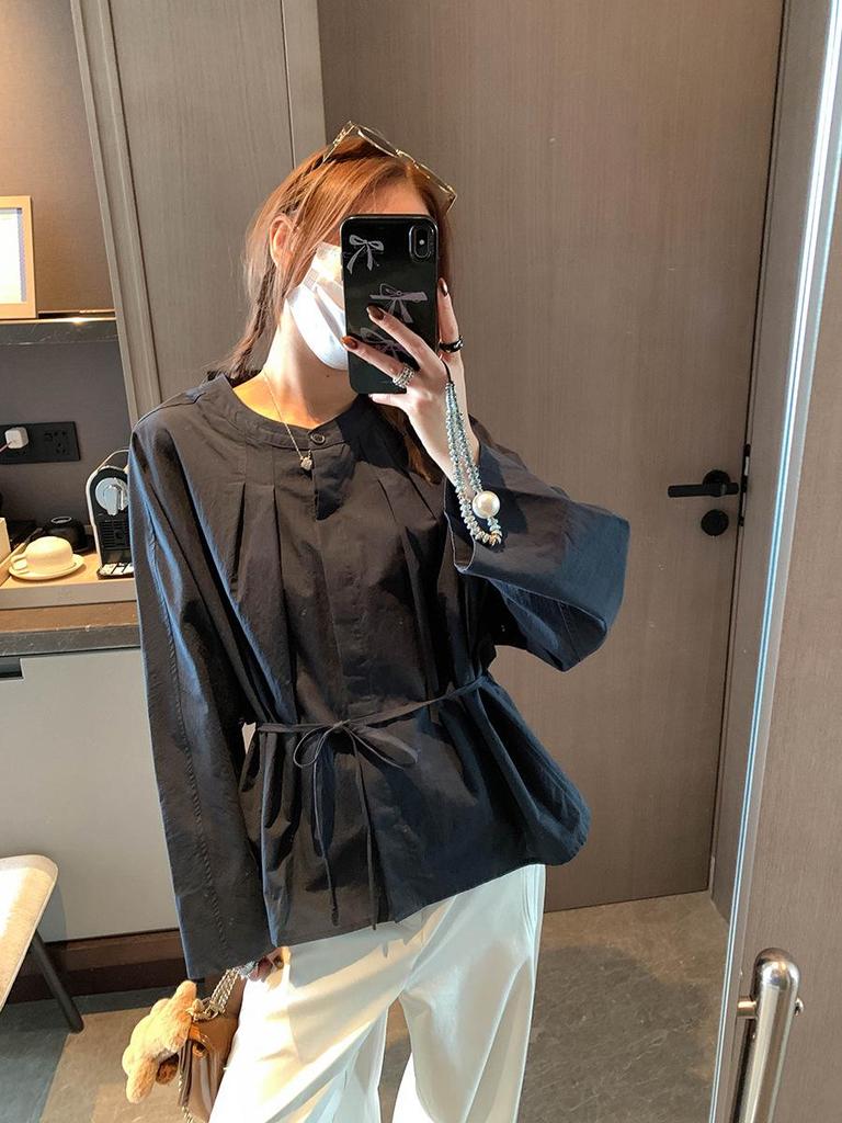 Mochie Early Spring French Pleated Elegant Round Neck Tie-Waist Slimming Shirt MQ1122