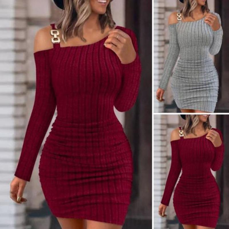 Women  Dress Knitted One Shoulder  Elastic Neck Solid Color Tight Waist Anti-shrink Long Sleeve Mini Sheath Dress Party