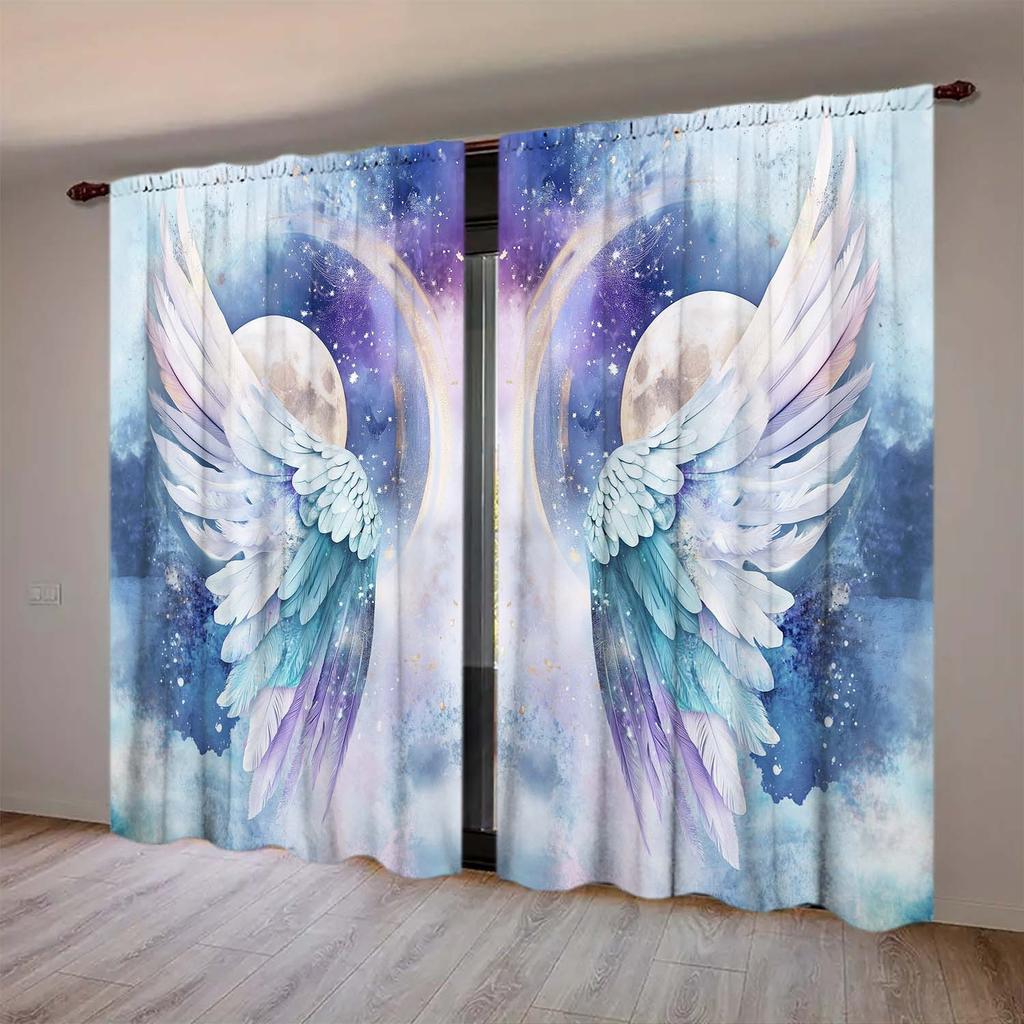 2-Panels The Moon and Dreamy Wings Printed Curtains   Semi Blackout Curtains with Pole Pockets   Suitable for Artistic Home