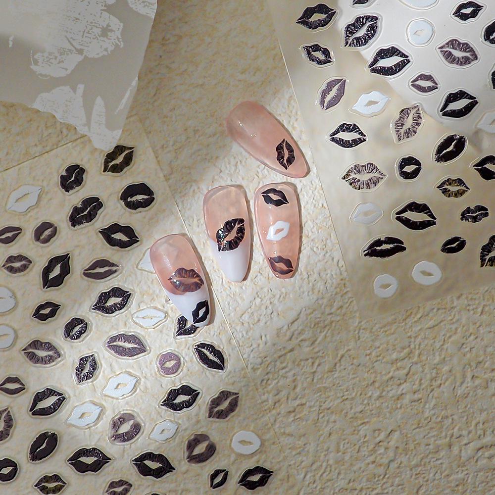 3D Embossed Black Lip Print Nail Art Stickers - Dark, Self-Adhesive DIY for Hot Girl Style