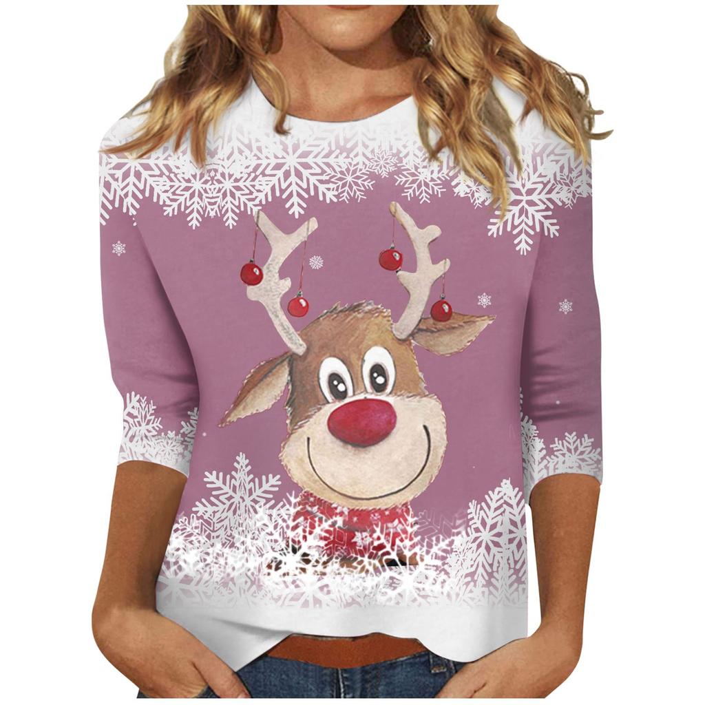 Spring and Autumn Round Neck Christmas Themed Pattern 3D Printed Top Fashionable Casual Long Sleeved Women's T-shirts