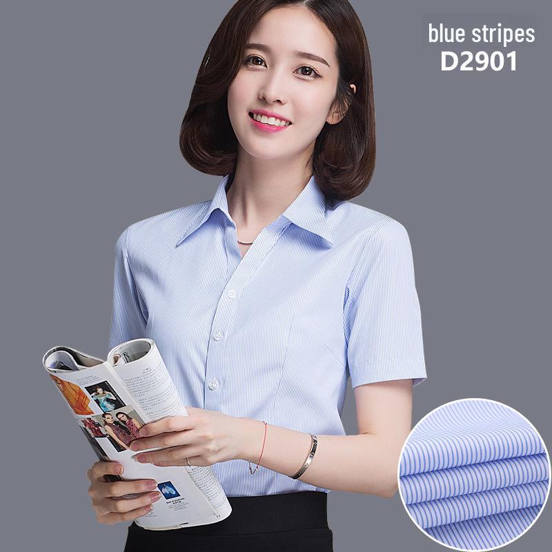 Camisa Social Feminina Slim Fit de Manga Curta - Branca com Listras Azuis, Sem Ferro, Gola V.