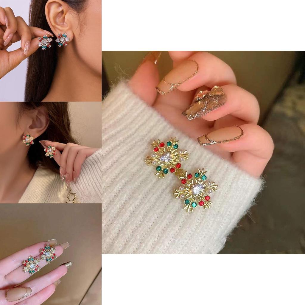 Christmas Snowflake Earrings With Crystals Geometric Alloy Design For Women
