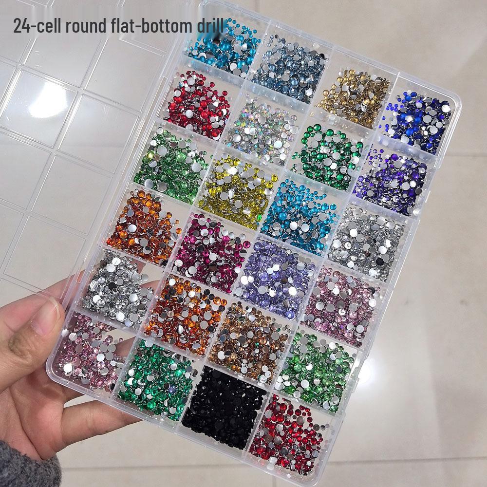 Rhinestone Rotondi Colorati a Fondo Piatto a 24 Scomparti per Unghie - Decorazioni per Nail Art Super Lucide Aurora e Perla