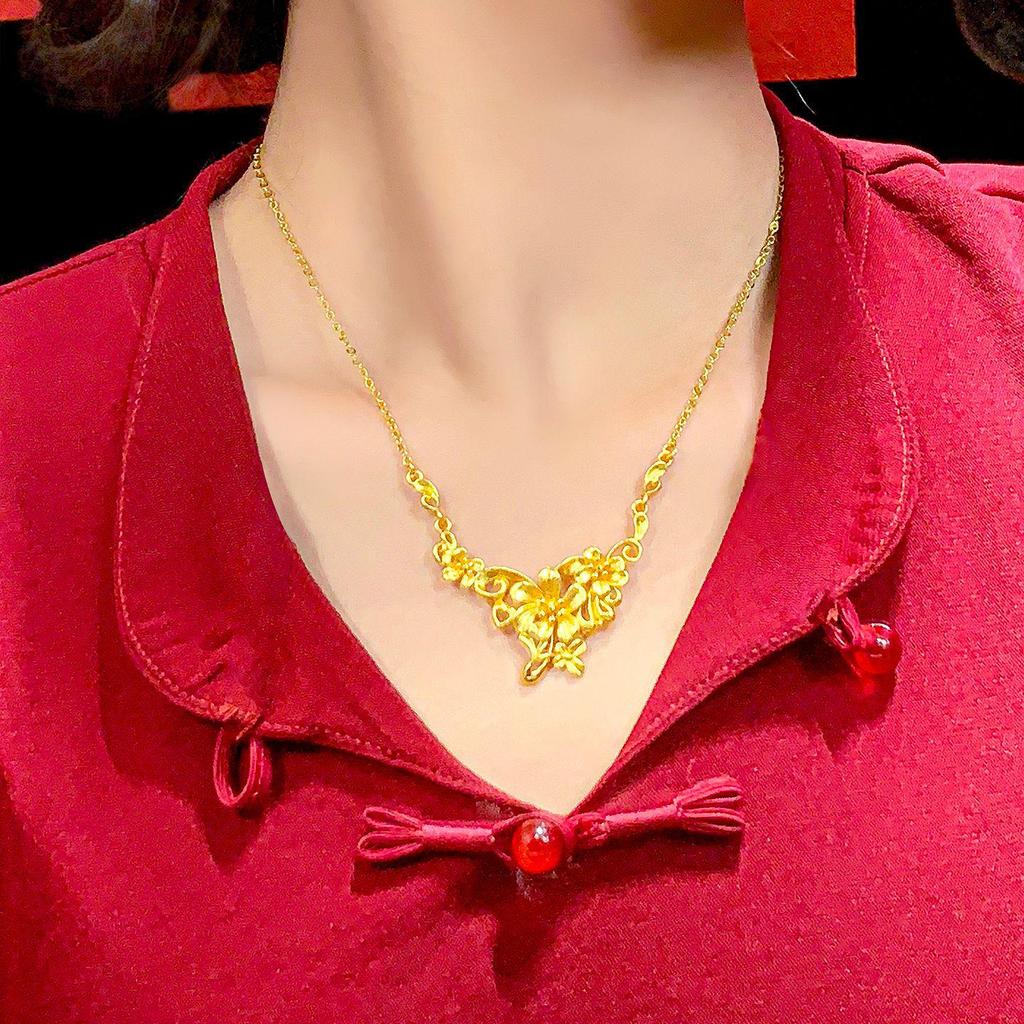 Three Lives Floral Necklace for Women: Imitation Sand Gold Wedding Jewelry Set