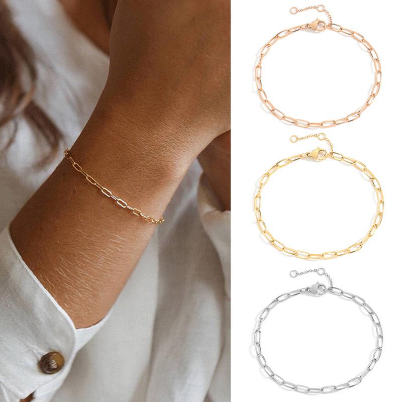 CARLIDANA Fashion Stainless Steel Gold Plated Paper Clip Bracelets Women Men Cuban Link Mesh Chain Bracelet Simple Jewelry