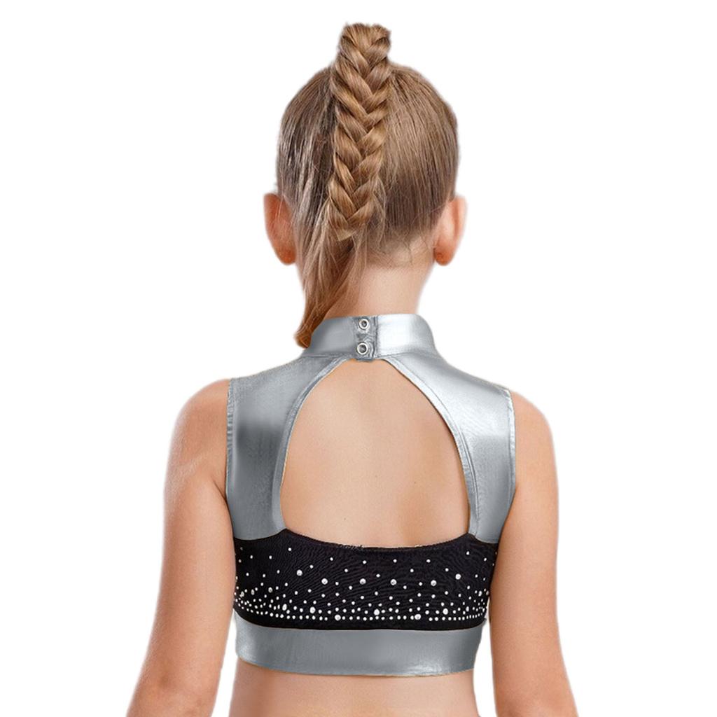 Girls Shiny Dance Top Mock Neck Sleeveless Cutout Back Rhinestones Color Block Metallic Crop Performance Outfit