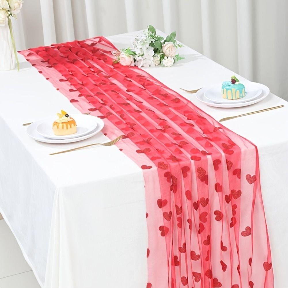 Durable 2x1.5m Heart Gauze Table Runner Romantic Home Decoration Valentine's Day Tablecloth Dining Table Decor Anniversary